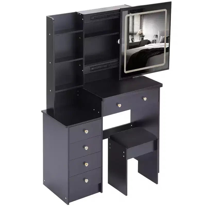 Coiffeuse contemporaine avec tabouret rembourré, miroir coulissant à LED, éclairage tactile 3 couleurs, deux prises secteur et ports de chargement USB