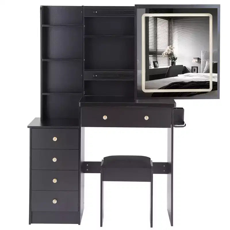 Coiffeuse contemporaine avec tabouret rembourré, miroir coulissant à LED, éclairage tactile 3 couleurs, deux prises secteur et ports de chargement USB