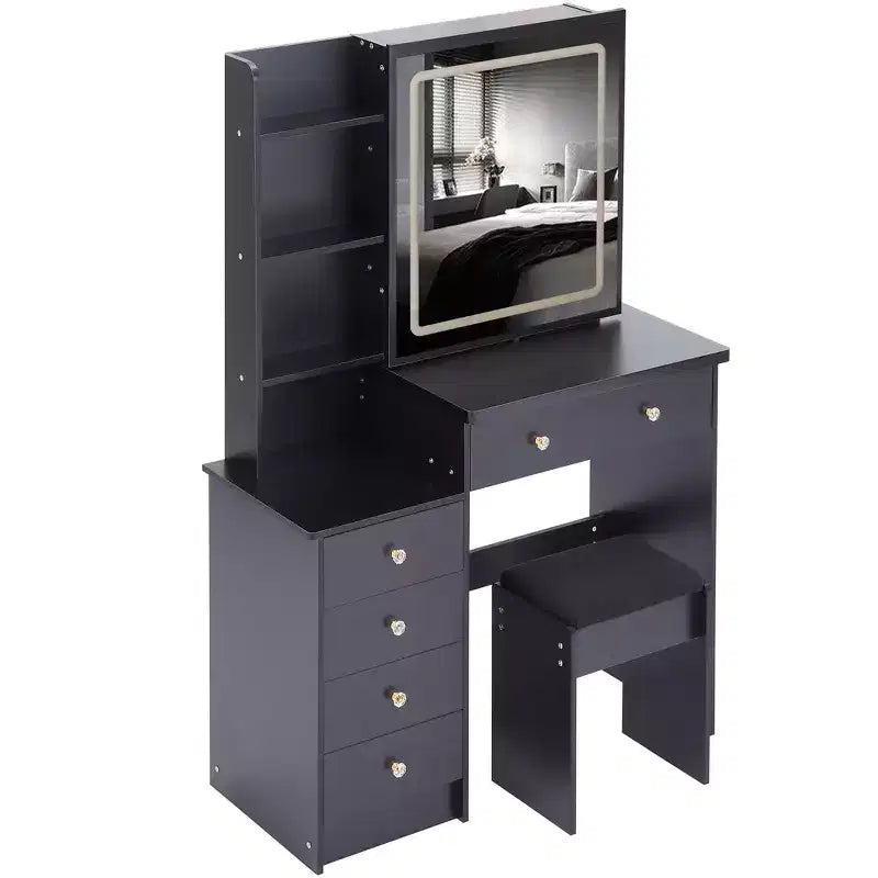 Coiffeuse contemporaine avec tabouret rembourré, miroir coulissant à LED, éclairage tactile 3 couleurs, deux prises secteur et ports de chargement USB