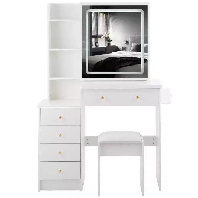 Coiffeuse contemporaine avec tabouret rembourré, miroir coulissant à LED, éclairage tactile 3 couleurs, deux prises secteur et ports de chargement USB