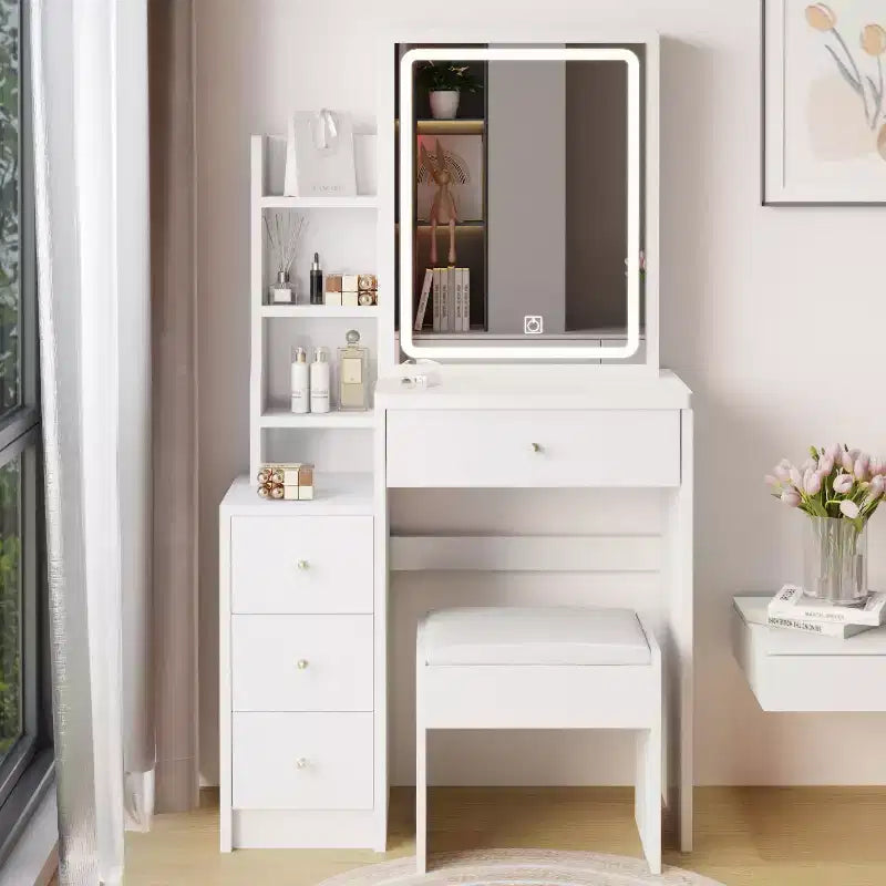 Coiffeuse simple à assembler avec tabouret, vidéo de montage, guide, kit de plus de 30 pièces pour l'espace maquillage de la chambre et les tenues quotidiennes à la maison