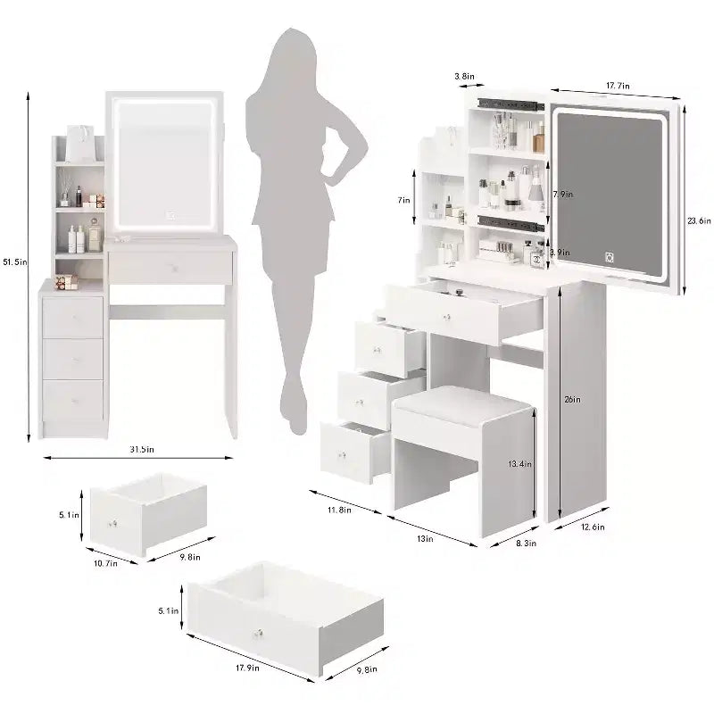 Coiffeuse simple à assembler avec tabouret, vidéo de montage, guide, kit de plus de 30 pièces pour l'espace maquillage de la chambre et les tenues quotidiennes à la maison