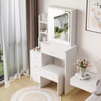 Coiffeuse simple à assembler avec tabouret, vidéo de montage, guide, kit de plus de 30 pièces pour l'espace maquillage de la chambre et les tenues quotidiennes à la maison