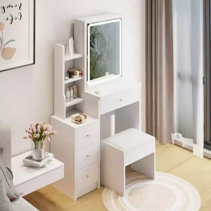 Coiffeuse simple à assembler avec tabouret, vidéo de montage, guide, kit de plus de 30 pièces pour l'espace maquillage de la chambre et les tenues quotidiennes à la maison