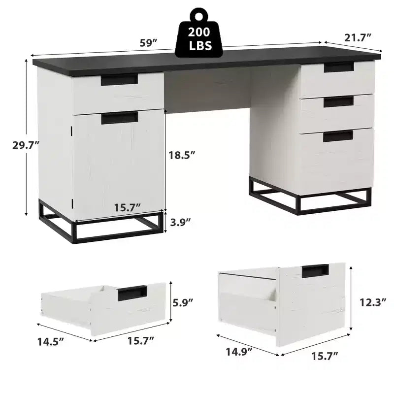 Bureau de direction de ferme, bureau d'ordinateur de 150 cm, bureaux de bureau à domicile blancs avec tiroir de classement et armoire de rangement, bureaux d'écriture en bois pour chambre à coucher, maison