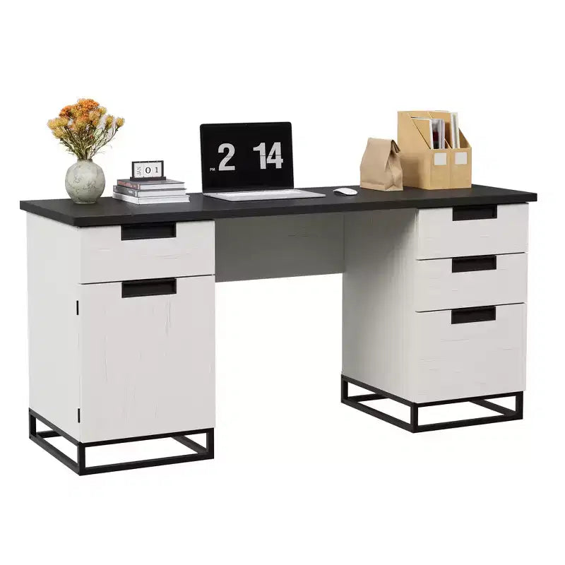 Bureau de direction de ferme, bureau d'ordinateur de 150 cm, bureaux de bureau à domicile blancs avec tiroir de classement et armoire de rangement, bureaux d'écriture en bois pour chambre à coucher, maison