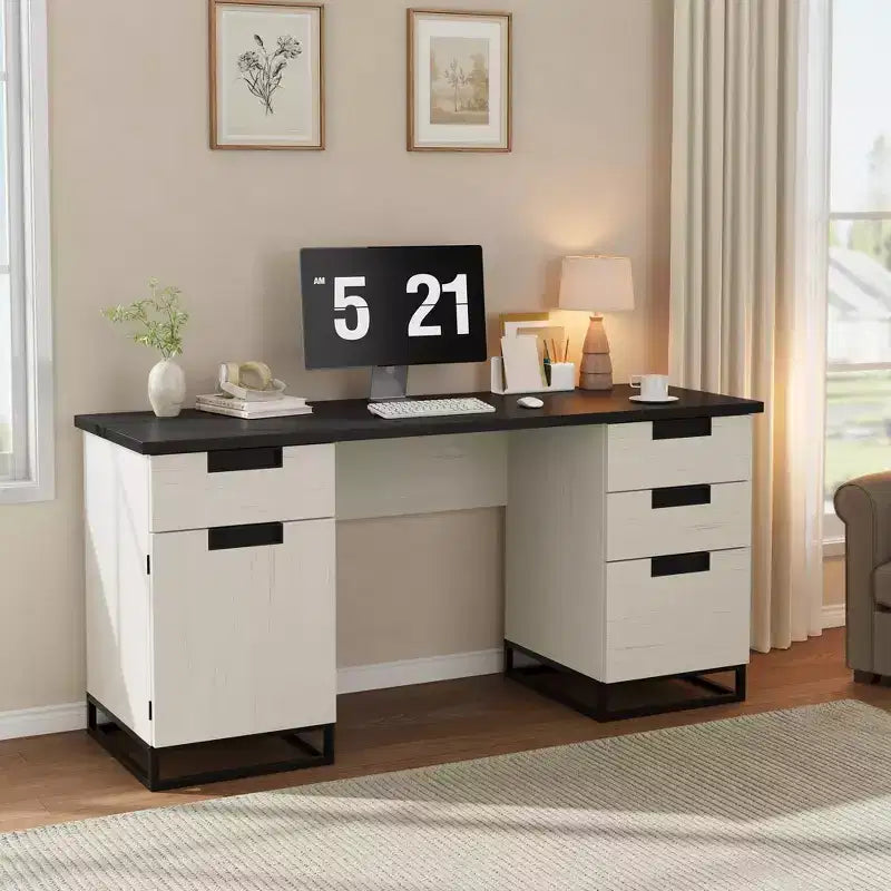 Bureau de direction de ferme, bureau d'ordinateur de 150 cm, bureaux de bureau à domicile blancs avec tiroir de classement et armoire de rangement, bureaux d'écriture en bois pour chambre à coucher, maison