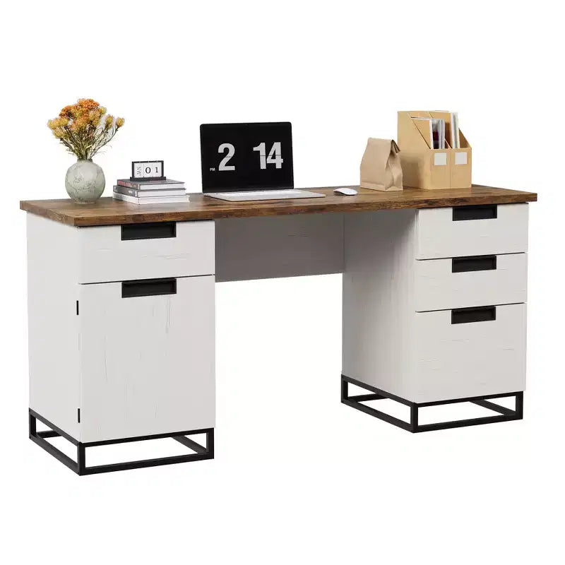 Bureau de direction de ferme, bureau d'ordinateur de 150 cm, bureaux de bureau à domicile blancs avec tiroir de classement et armoire de rangement, bureaux d'écriture en bois pour chambre à coucher, maison