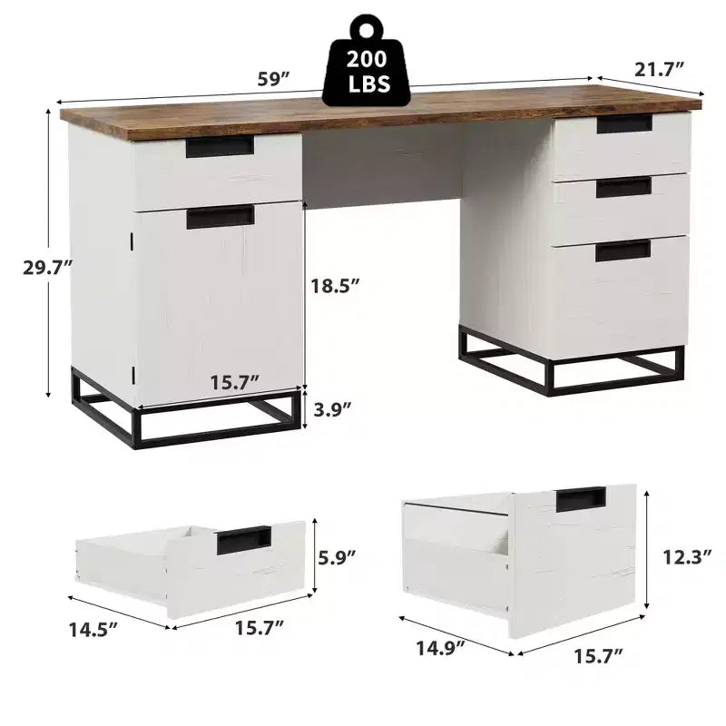 Bureau de direction de ferme, bureau d'ordinateur de 150 cm, bureaux de bureau à domicile blancs avec tiroir de classement et armoire de rangement, bureaux d'écriture en bois pour chambre à coucher, maison