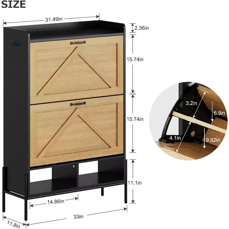 Meuble à chaussures en bois avec range-chaussures autoportant dissimulé et deux tiroirs basculants, idéal pour les entrées et les couloirs.