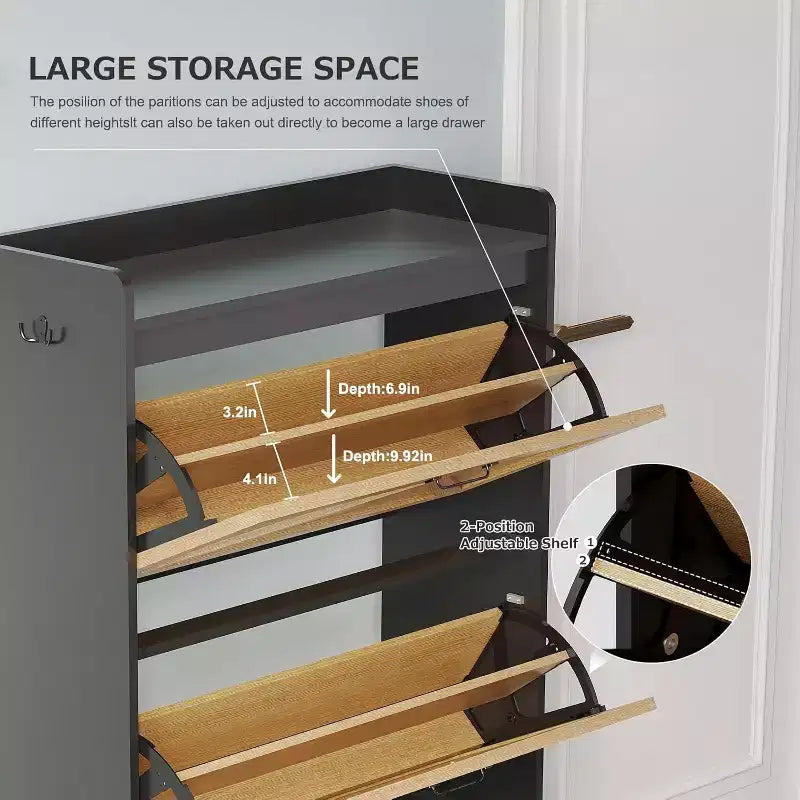 Meuble à chaussures en bois avec range-chaussures autoportant dissimulé et deux tiroirs basculants, idéal pour les entrées et les couloirs.