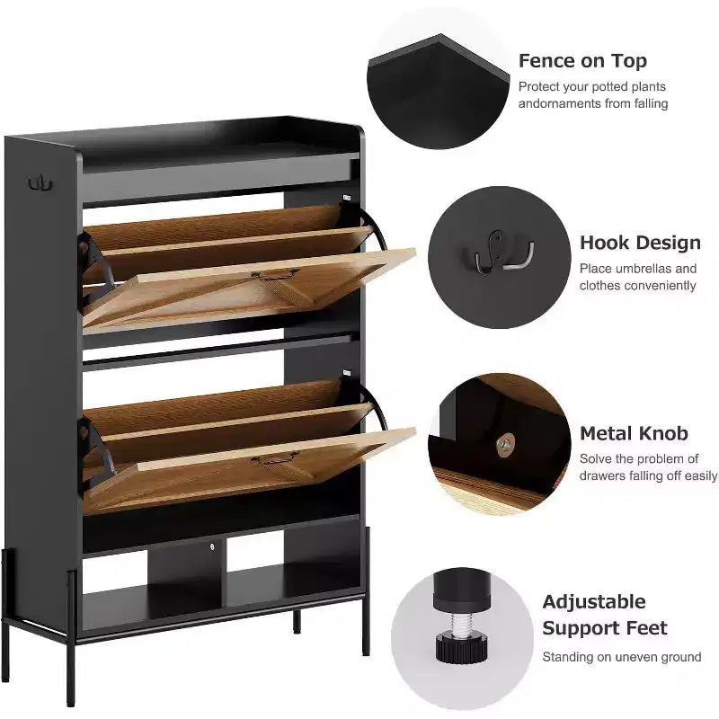 Meuble à chaussures en bois avec range-chaussures autoportant dissimulé et deux tiroirs basculants, idéal pour les entrées et les couloirs.