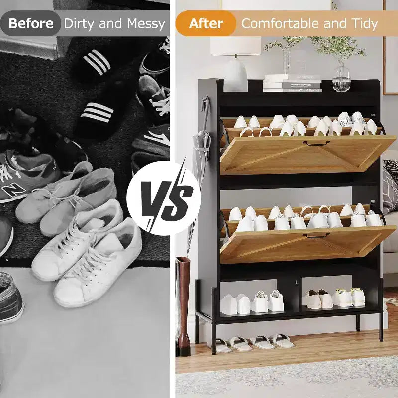 Meuble à chaussures en bois avec range-chaussures autoportant dissimulé et deux tiroirs basculants, idéal pour les entrées et les couloirs.