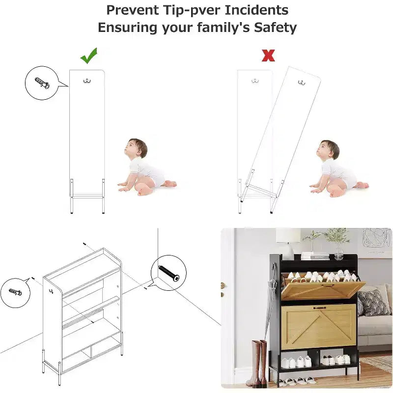 Meuble à chaussures en bois avec range-chaussures autoportant dissimulé et deux tiroirs basculants, idéal pour les entrées et les couloirs.