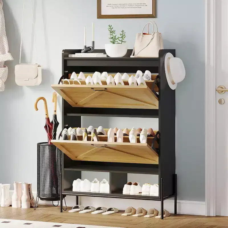 Meuble à chaussures en bois avec range-chaussures autoportant dissimulé et deux tiroirs basculants, idéal pour les entrées et les couloirs.
