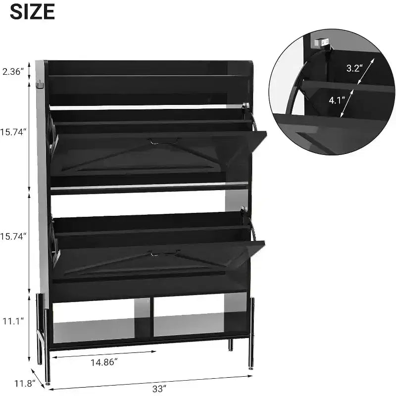 Meuble à chaussures en bois avec range-chaussures autoportant dissimulé et deux tiroirs basculants, idéal pour les entrées et les couloirs.