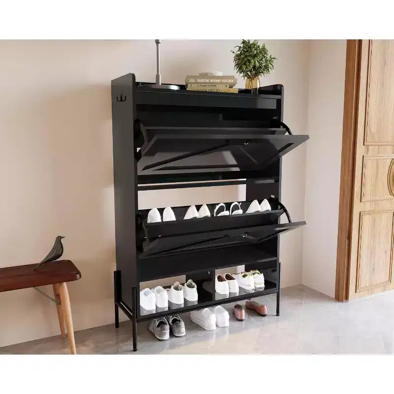 Meuble à chaussures en bois avec range-chaussures autoportant dissimulé et deux tiroirs basculants, idéal pour les entrées et les couloirs.