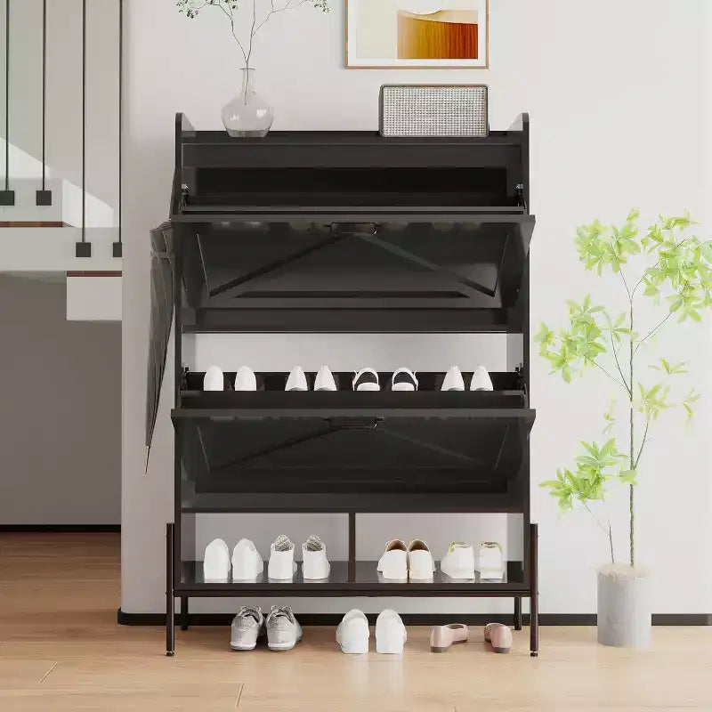 Meuble à chaussures en bois avec range-chaussures autoportant dissimulé et deux tiroirs basculants, idéal pour les entrées et les couloirs.