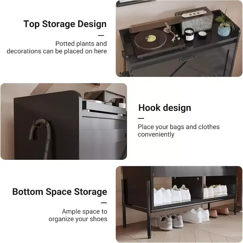Meuble à chaussures en bois avec range-chaussures autoportant dissimulé et deux tiroirs basculants, idéal pour les entrées et les couloirs.