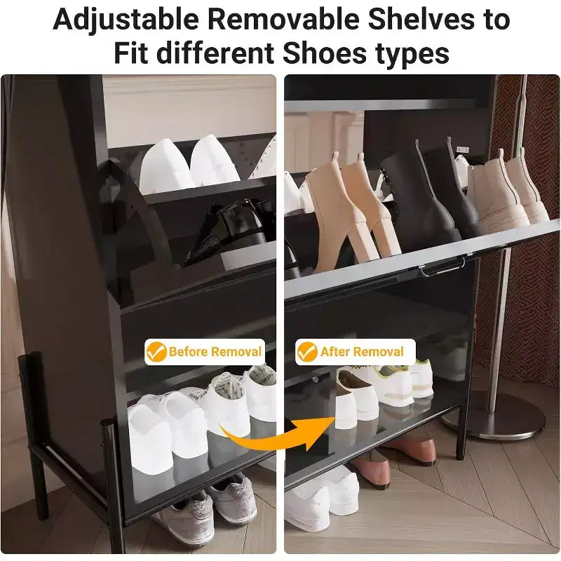 Meuble à chaussures en bois avec range-chaussures autoportant dissimulé et deux tiroirs basculants, idéal pour les entrées et les couloirs.