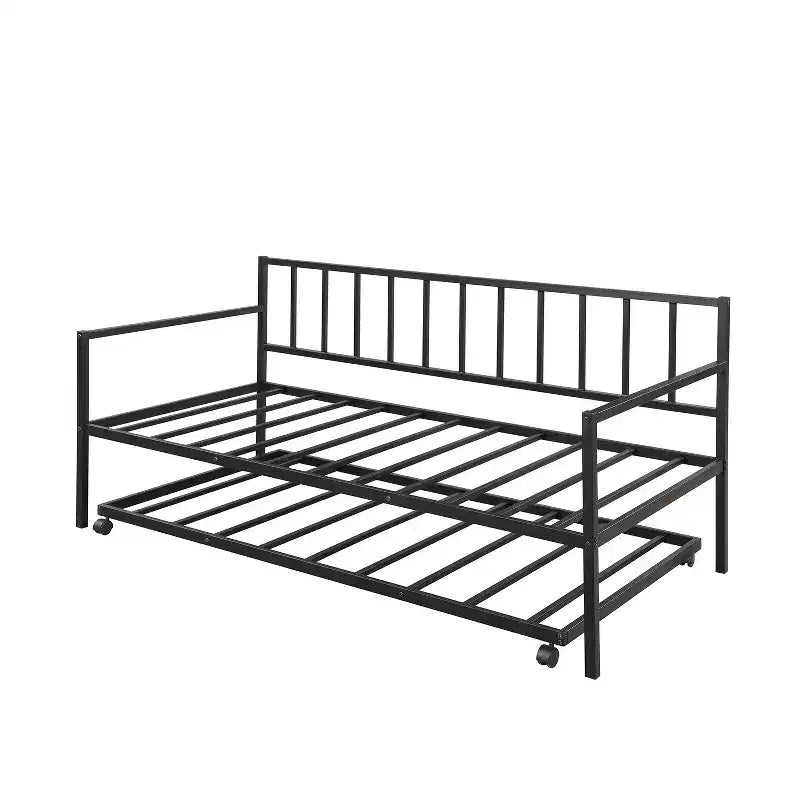 Lit de repos double en métal avec lit gigogne, cadre de lit de repos en métal avec lit gigogne coulissant pour salon, noir