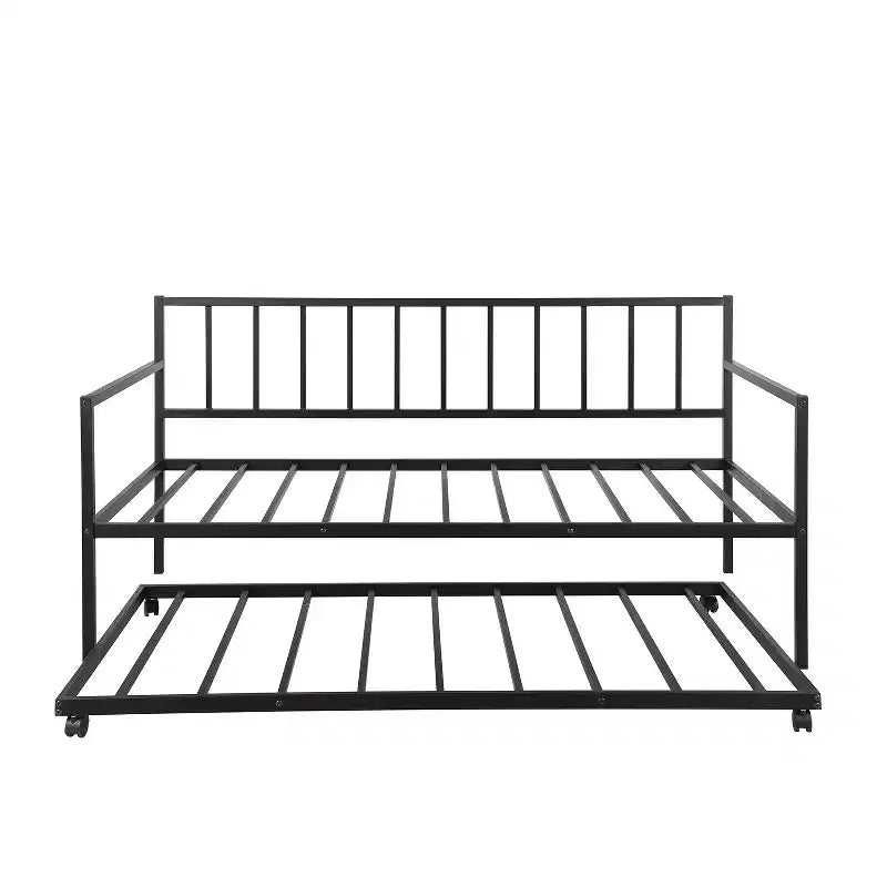 Lit de repos double en métal avec lit gigogne, cadre de lit de repos en métal avec lit gigogne coulissant pour salon, noir