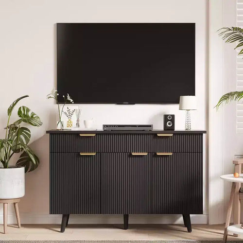 Buffet moderne cannelé de 47 po avec rangement, 3 portes et 2 tiroirs, étagères réglables, buffet d'appoint multifonctionnel, armoire de rangement