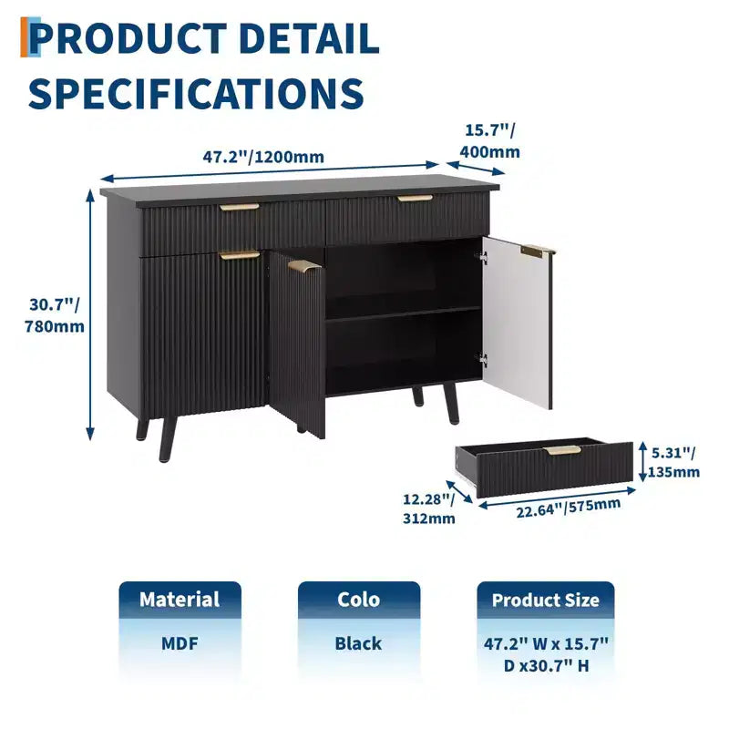 Buffet moderne cannelé de 47 po avec rangement, 3 portes et 2 tiroirs, étagères réglables, buffet d'appoint multifonctionnel, armoire de rangement