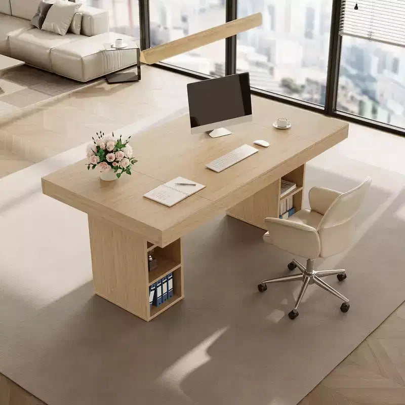 Table de salle à manger rectangulaire de 160 cm avec rangement, grande table à manger pour 6 personnes avec grand plateau et cadre robuste, table de cuisine en bois avec double piédestal
