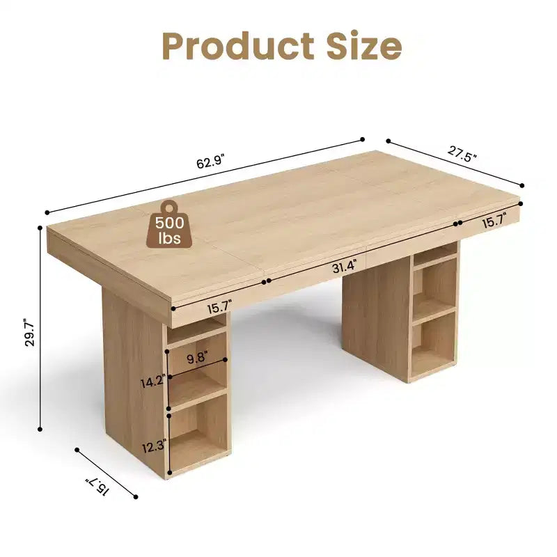 Table de salle à manger rectangulaire de 160 cm avec rangement, grande table à manger pour 6 personnes avec grand plateau et cadre robuste, table de cuisine en bois avec double piédestal