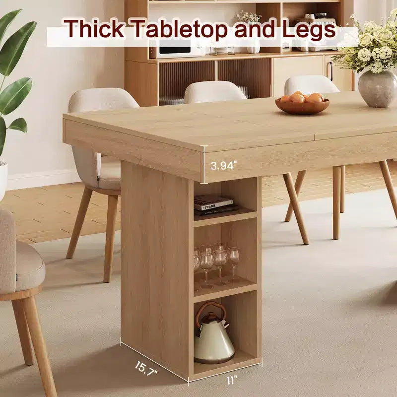 Table de salle à manger rectangulaire de 160 cm avec rangement, grande table à manger pour 6 personnes avec grand plateau et cadre robuste, table de cuisine en bois avec double piédestal
