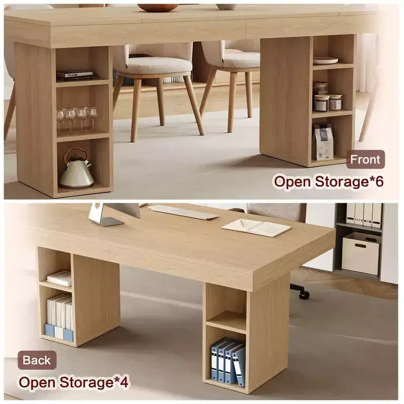 Table de salle à manger rectangulaire de 160 cm avec rangement, grande table à manger pour 6 personnes avec grand plateau et cadre robuste, table de cuisine en bois avec double piédestal