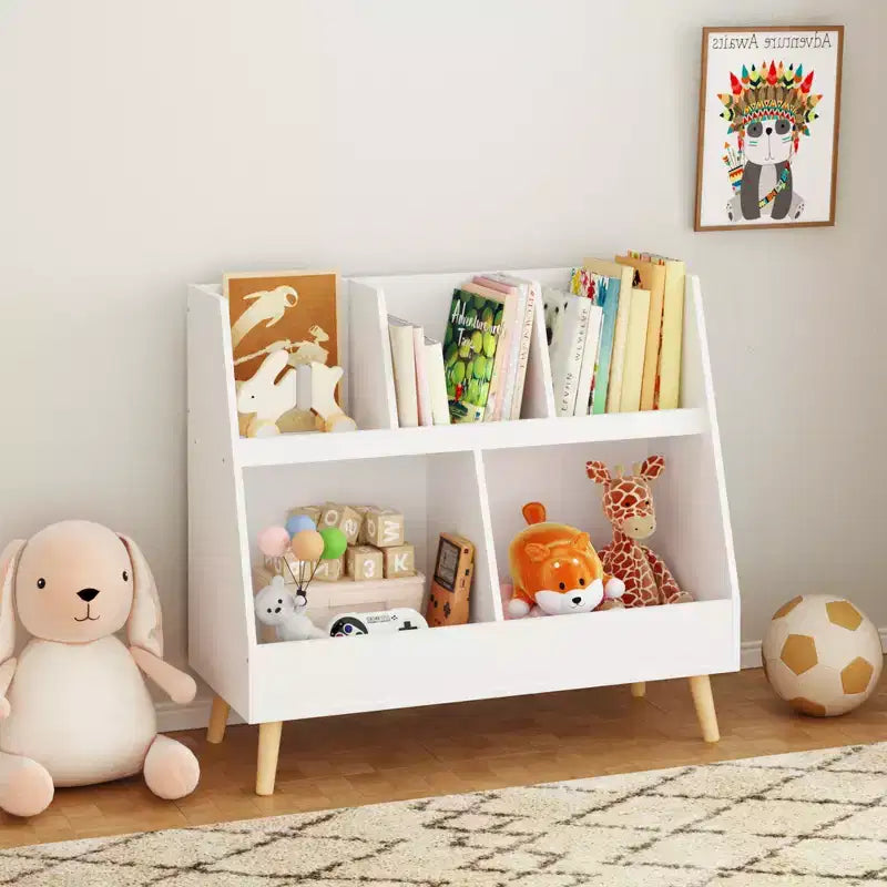 Étagère à Livres et Organisateur de Jouets Whisen Kids, Bibliothèque Ouverte, Organisateur de Rangement pour Bébé à 2 Niveaux avec Pieds - Blanc