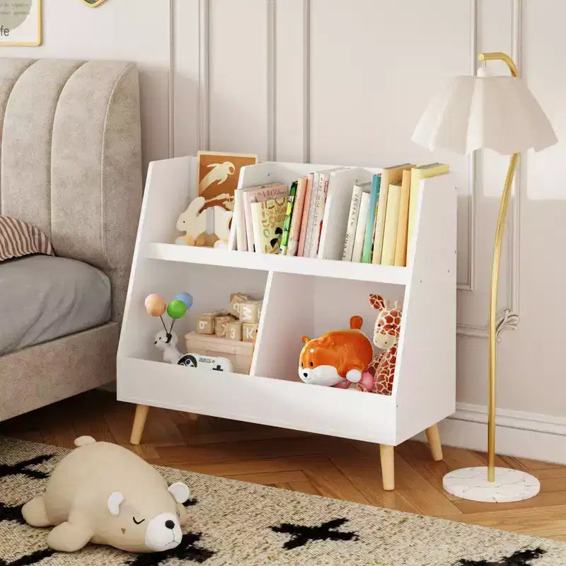 Étagère à Livres et Organisateur de Jouets Whisen Kids, Bibliothèque Ouverte, Organisateur de Rangement pour Bébé à 2 Niveaux avec Pieds - Blanc