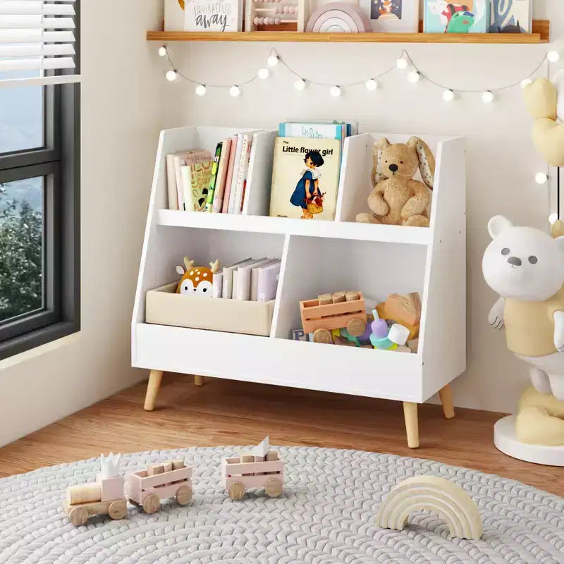 Étagère à Livres et Organisateur de Jouets Whisen Kids, Bibliothèque Ouverte, Organisateur de Rangement pour Bébé à 2 Niveaux avec Pieds - Blanc