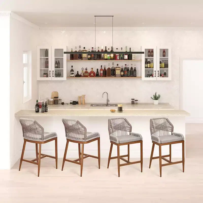 Lot de 2 tabourets de bar hauteur comptoir, tabourets de bar tissés en rotin avec dossier et accoudoirs