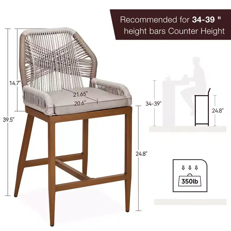 Lot de 2 tabourets de bar hauteur comptoir, tabourets de bar tissés en rotin avec dossier et accoudoirs