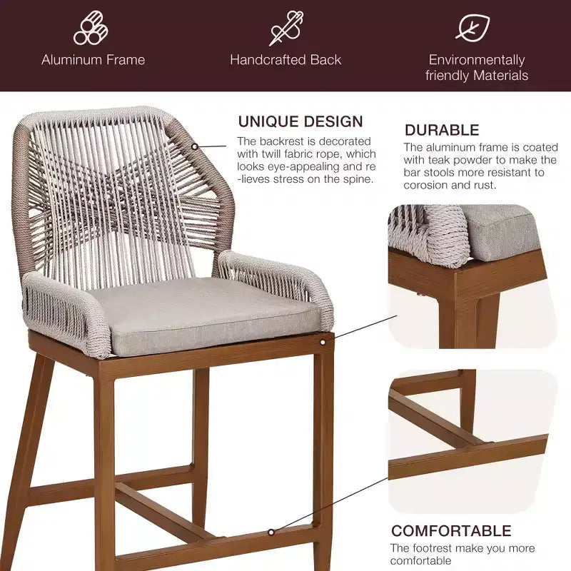 Lot de 2 tabourets de bar hauteur comptoir, tabourets de bar tissés en rotin avec dossier et accoudoirs
