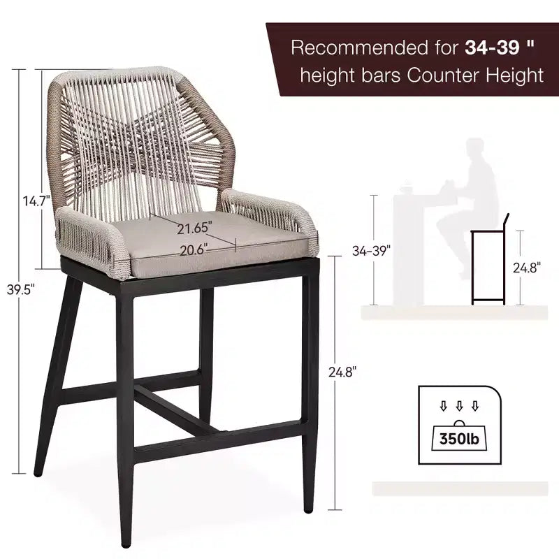 Lot de 2 tabourets de bar hauteur comptoir, tabourets de bar tissés en rotin avec dossier et accoudoirs