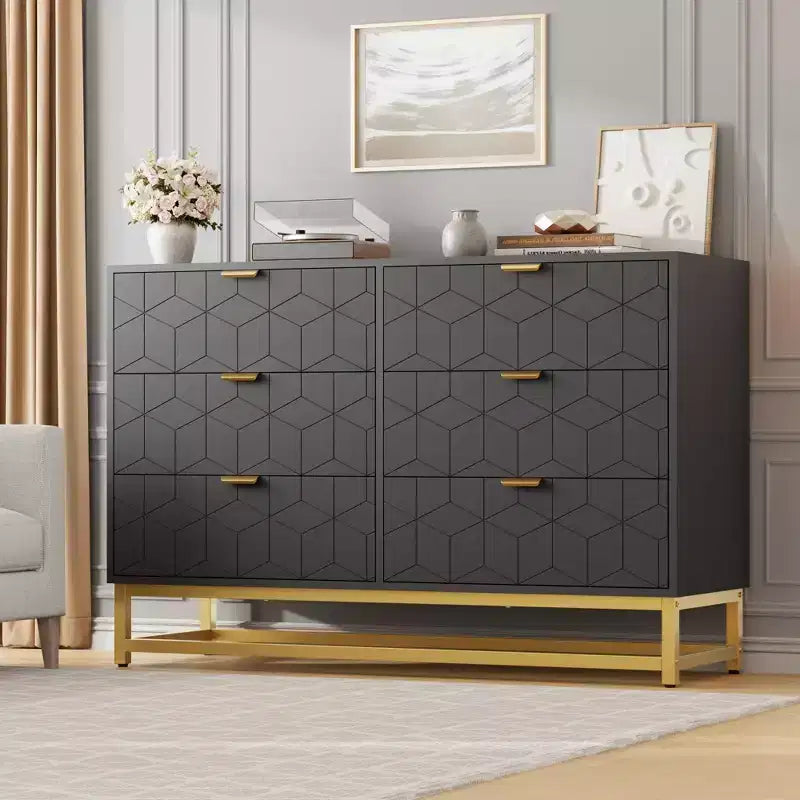 Commode blanche à 6 tiroirs avec poignées dorées - Meuble de rangement moderne en bois pour chambre, dressing et table de chevet