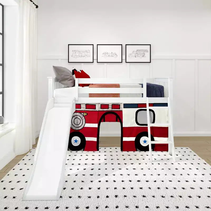 Lit mezzanine simple bas avec toboggan facile et rideau de camion de pompiers