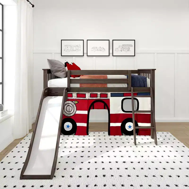 Lit mezzanine simple bas avec toboggan facile et rideau de camion de pompiers