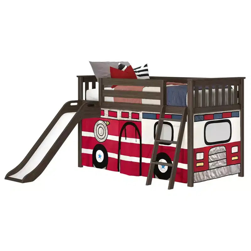 Lit mezzanine simple bas avec toboggan facile et rideau de camion de pompiers