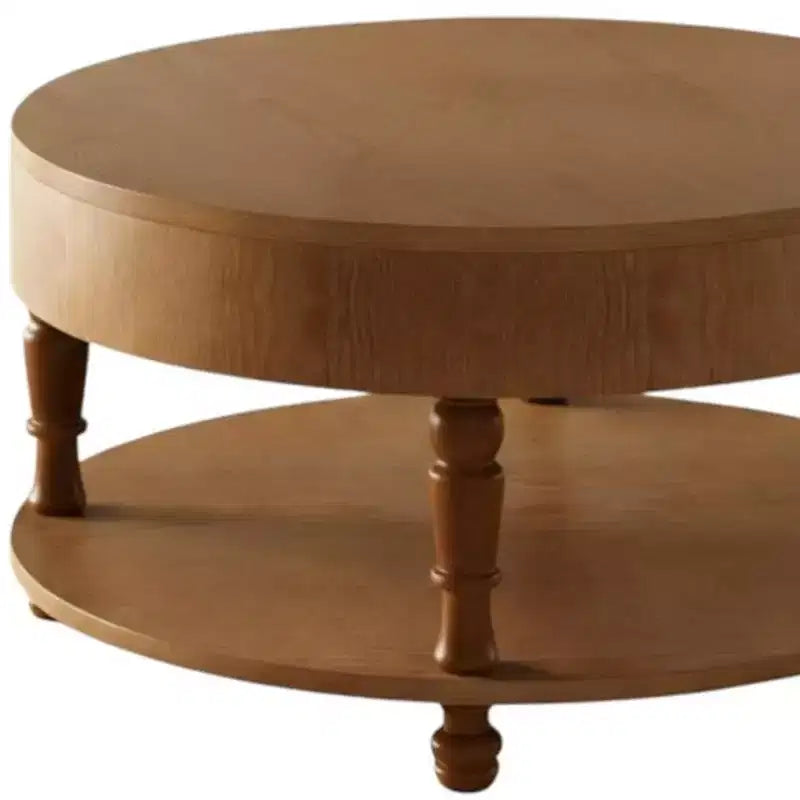 Table basse ronde HomeRoots 32 en bois naturel avec rangement dissimulé et étagère