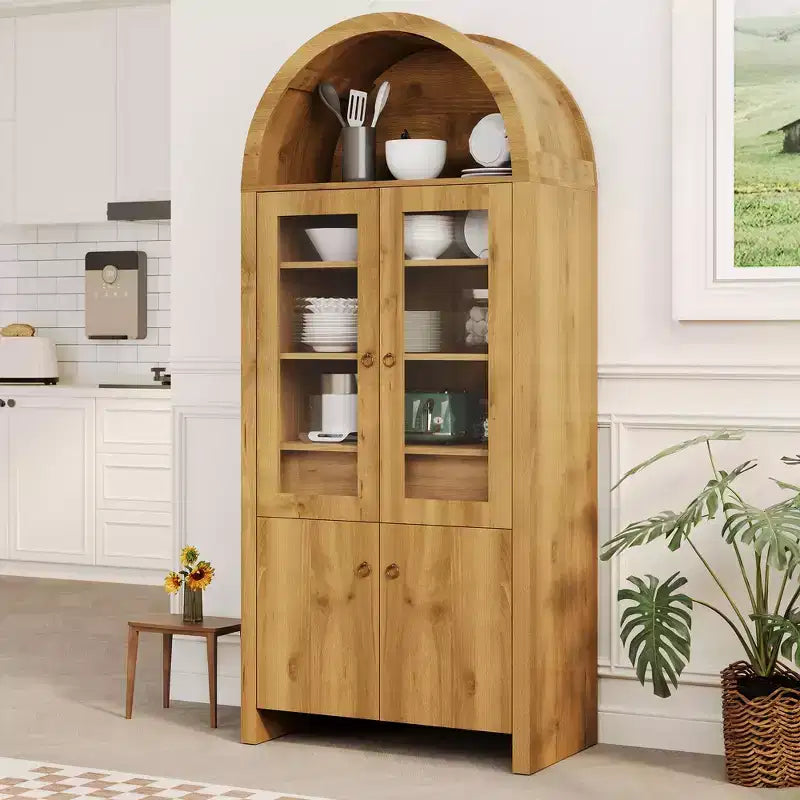 Garde-manger de cuisine arqué de 180 cm de haut, armoire de rangement de salon de style ferme avec tiroir, étagères et portes vitrées, pour salle à manger ou appartement