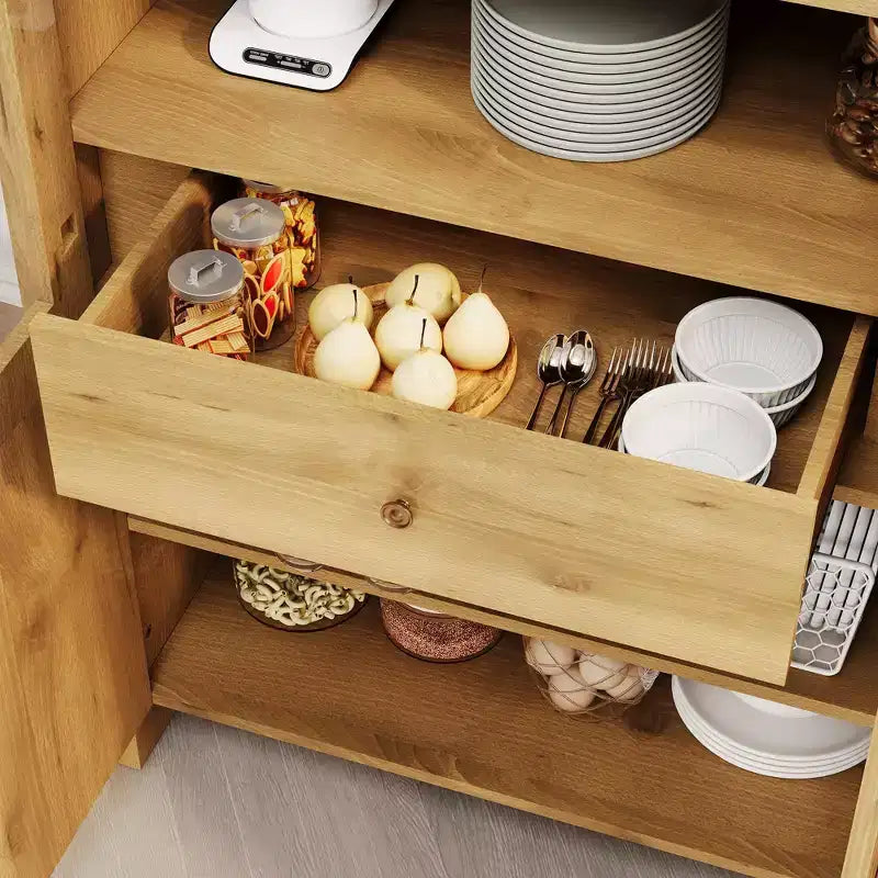 Garde-manger de cuisine arqué de 180 cm de haut, armoire de rangement de salon de style ferme avec tiroir, étagères et portes vitrées, pour salle à manger ou appartement