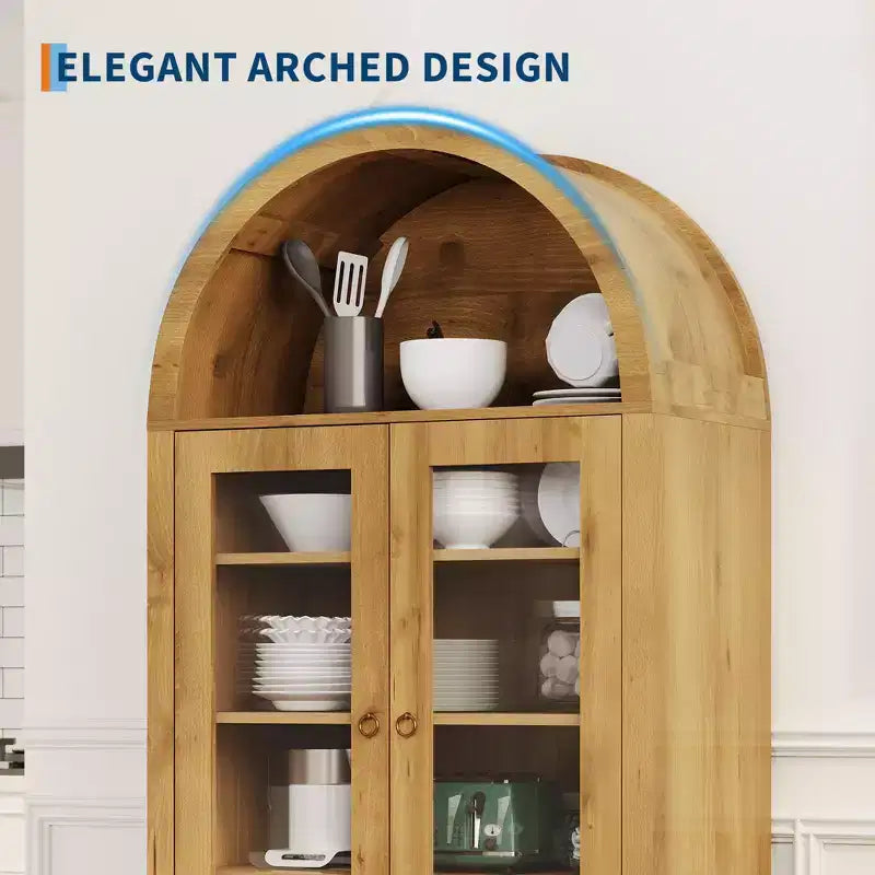 Garde-manger de cuisine arqué de 180 cm de haut, armoire de rangement de salon de style ferme avec tiroir, étagères et portes vitrées, pour salle à manger ou appartement