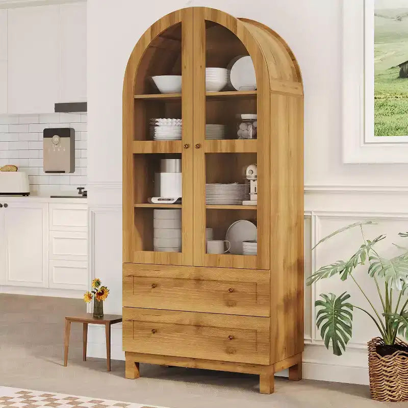 Garde-manger de cuisine arqué de 180 cm de haut, armoire de rangement de salon de style ferme avec tiroir, étagères et portes vitrées, pour salle à manger ou appartement