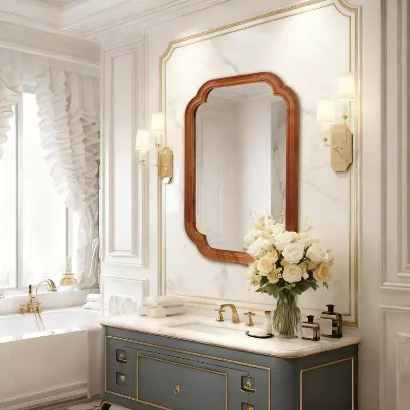 Miroir décoratif 20 x 30 cm à cadre en bois massif marron jaunâtre et coins arrondis, pour chambre, salle de bain, salon, entrée