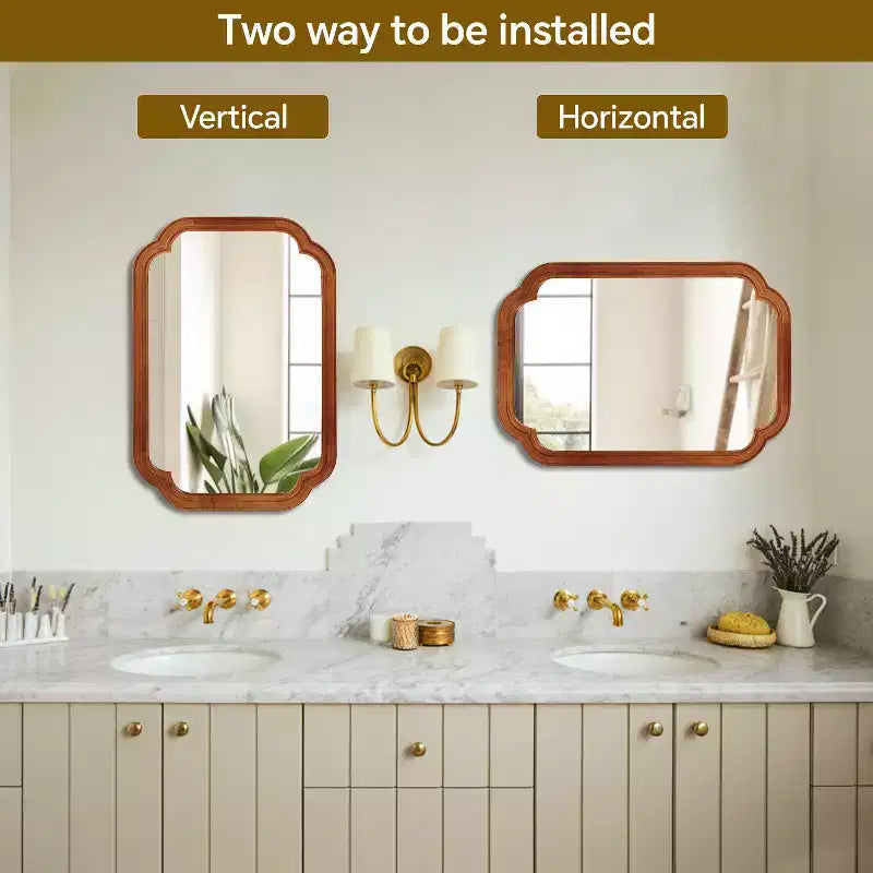 Miroir décoratif 20 x 30 cm à cadre en bois massif marron jaunâtre et coins arrondis, pour chambre, salle de bain, salon, entrée